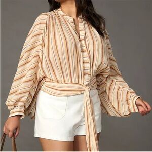 NWT Anthropologie Tie Front Blouse Striped white tan brown small